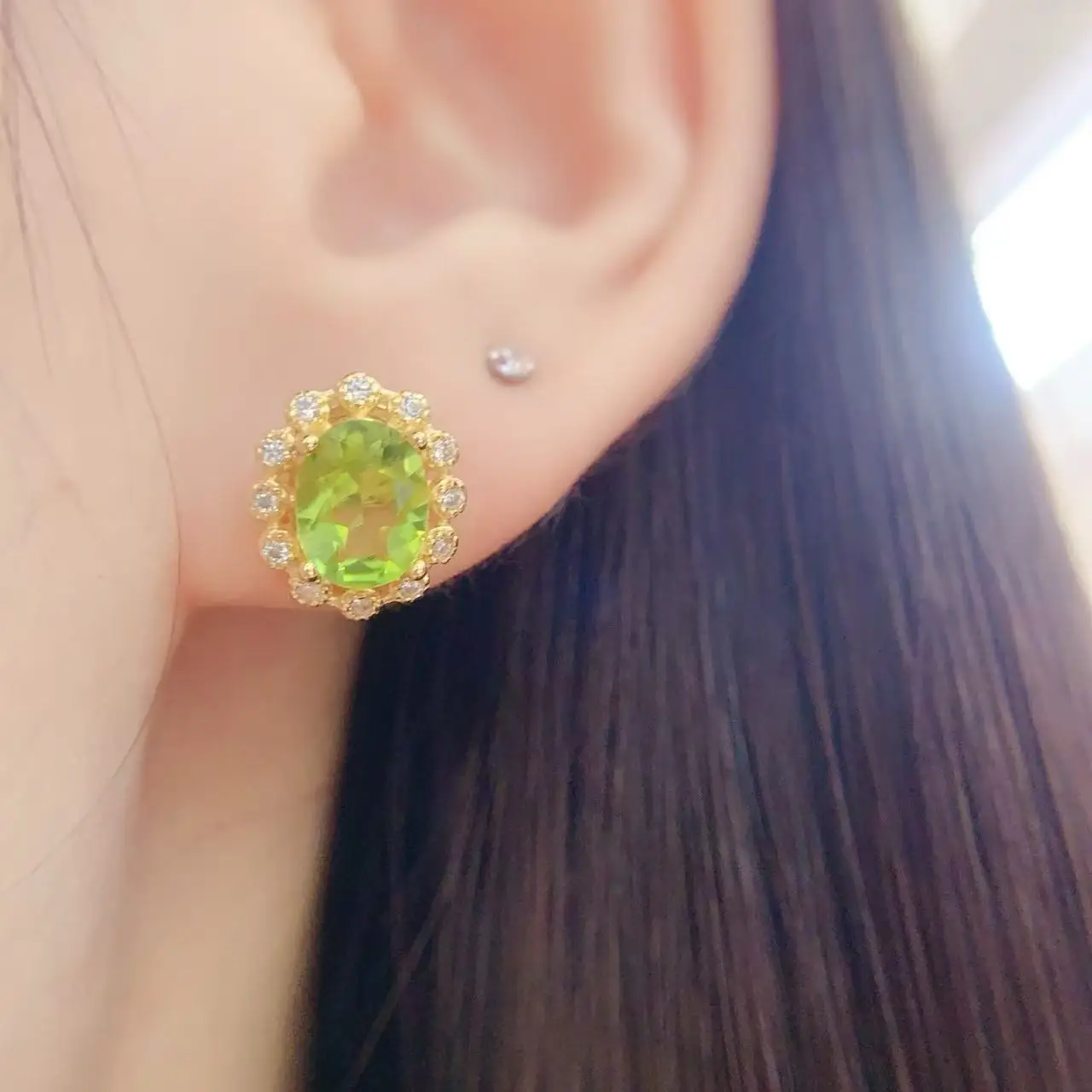 Natural Peridot Flower Stud Earrings - view 5