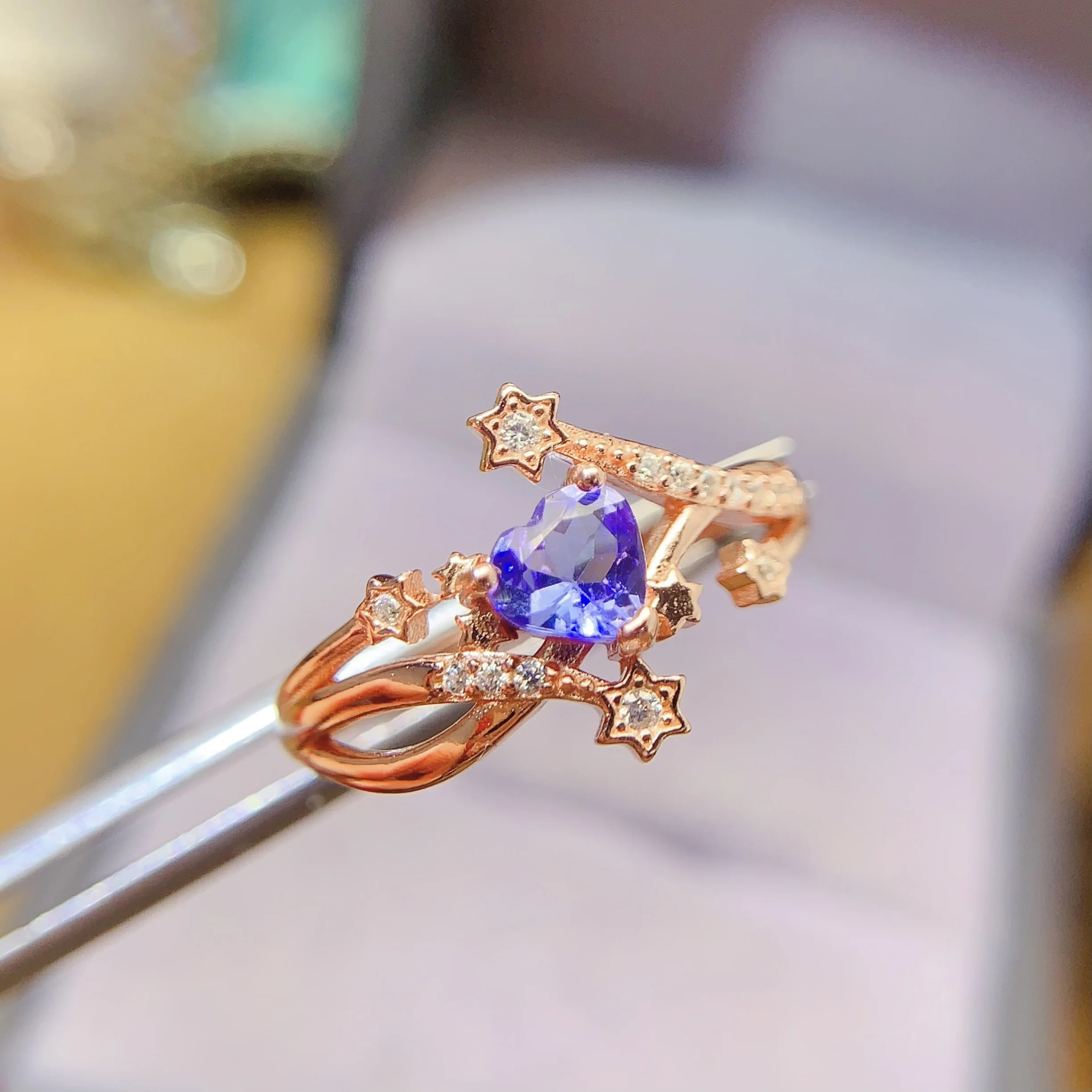 Natural Tanzanite Floral Halo Ring - view 1