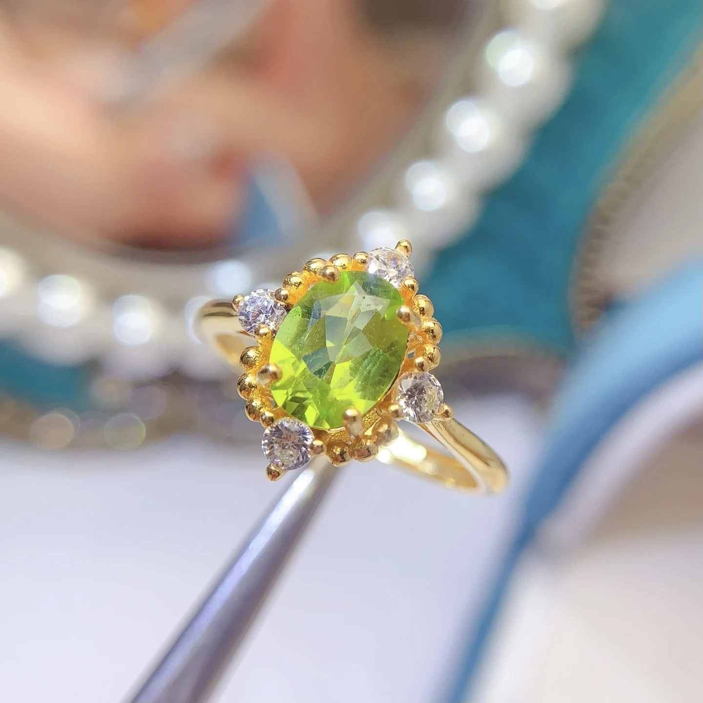 Natural Peridot Floral Halo Ring - view 1