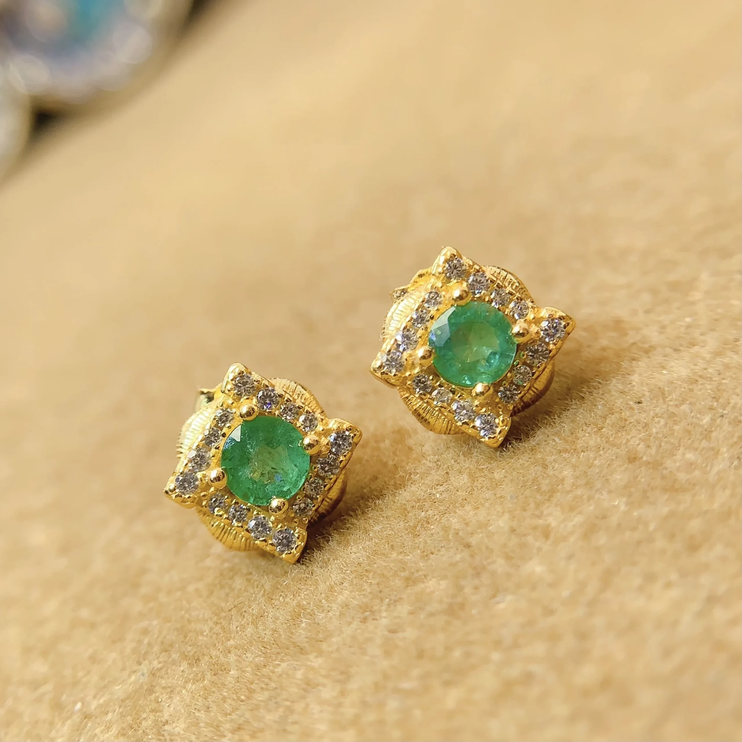 Natural Emerald Geometric Stud Earrings - view 1