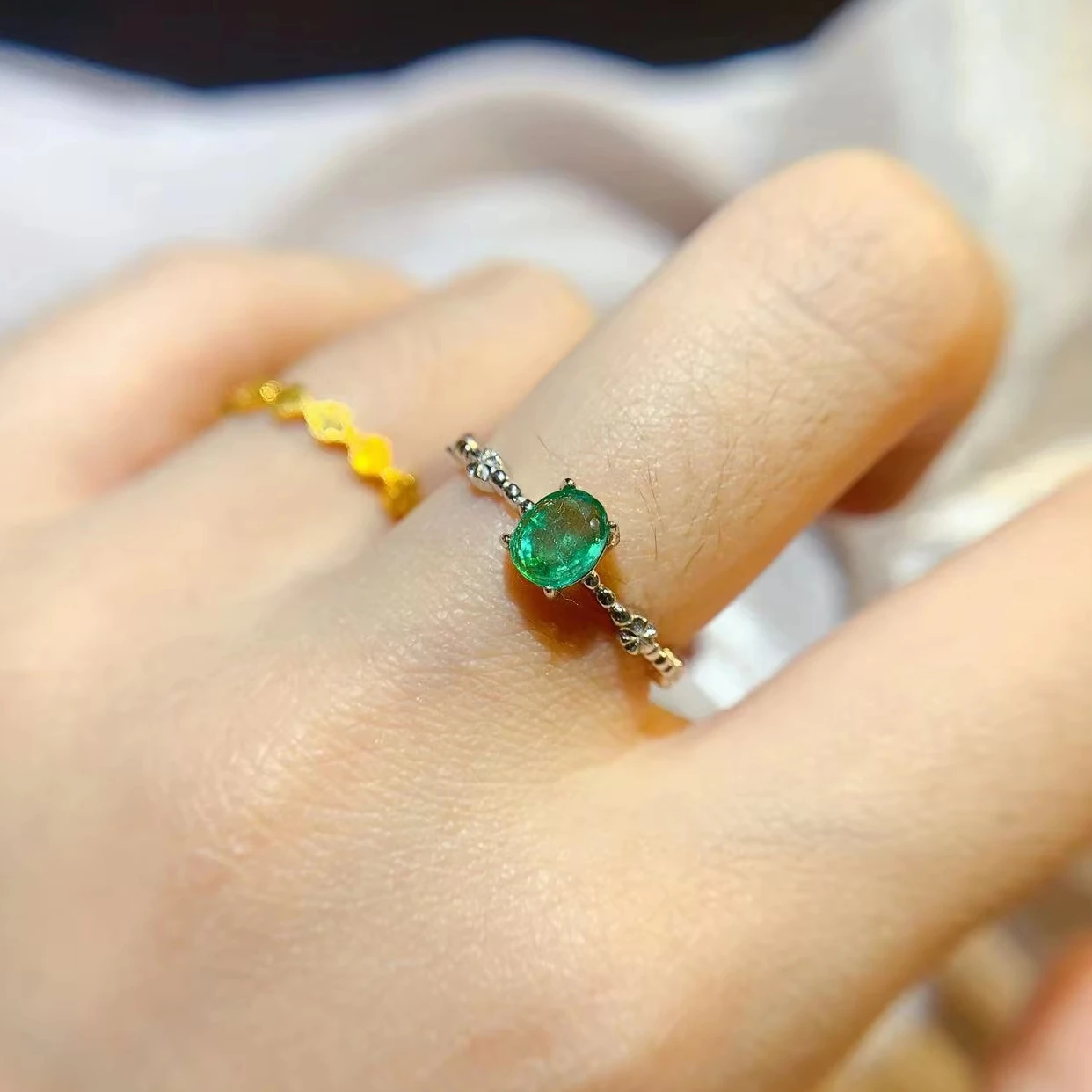 Natural Emerald Silver Twist Ring - view 1