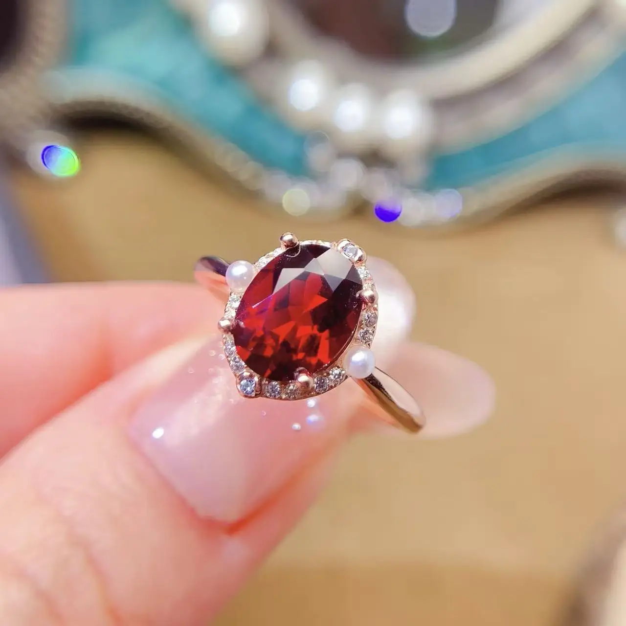 Natural Garnet Oval Accent Ring - view 1