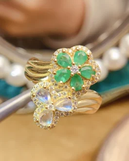Natural Emerald Floral Bypass Ring