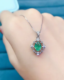Natural Emerald Halo Pendant Necklace