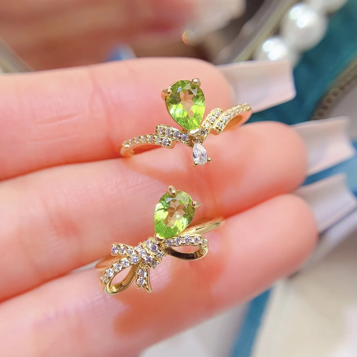Natural Peridot Pear Bow Ring - view 1