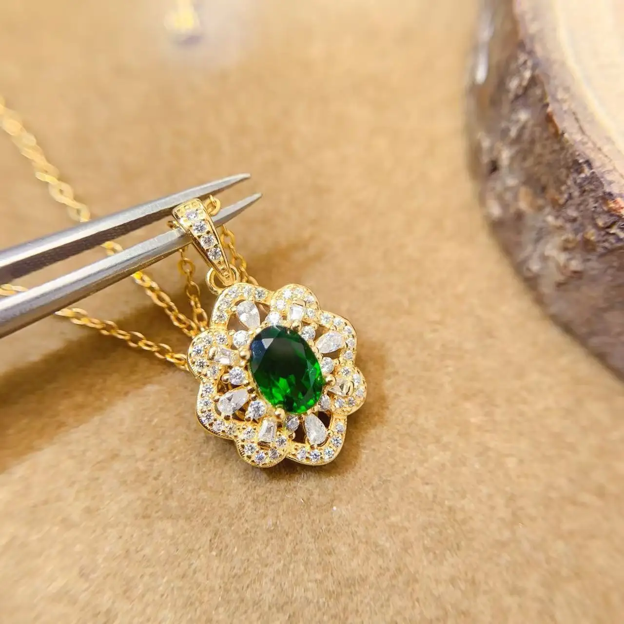 Natural Diopside Flower Pendant Necklace - view 1