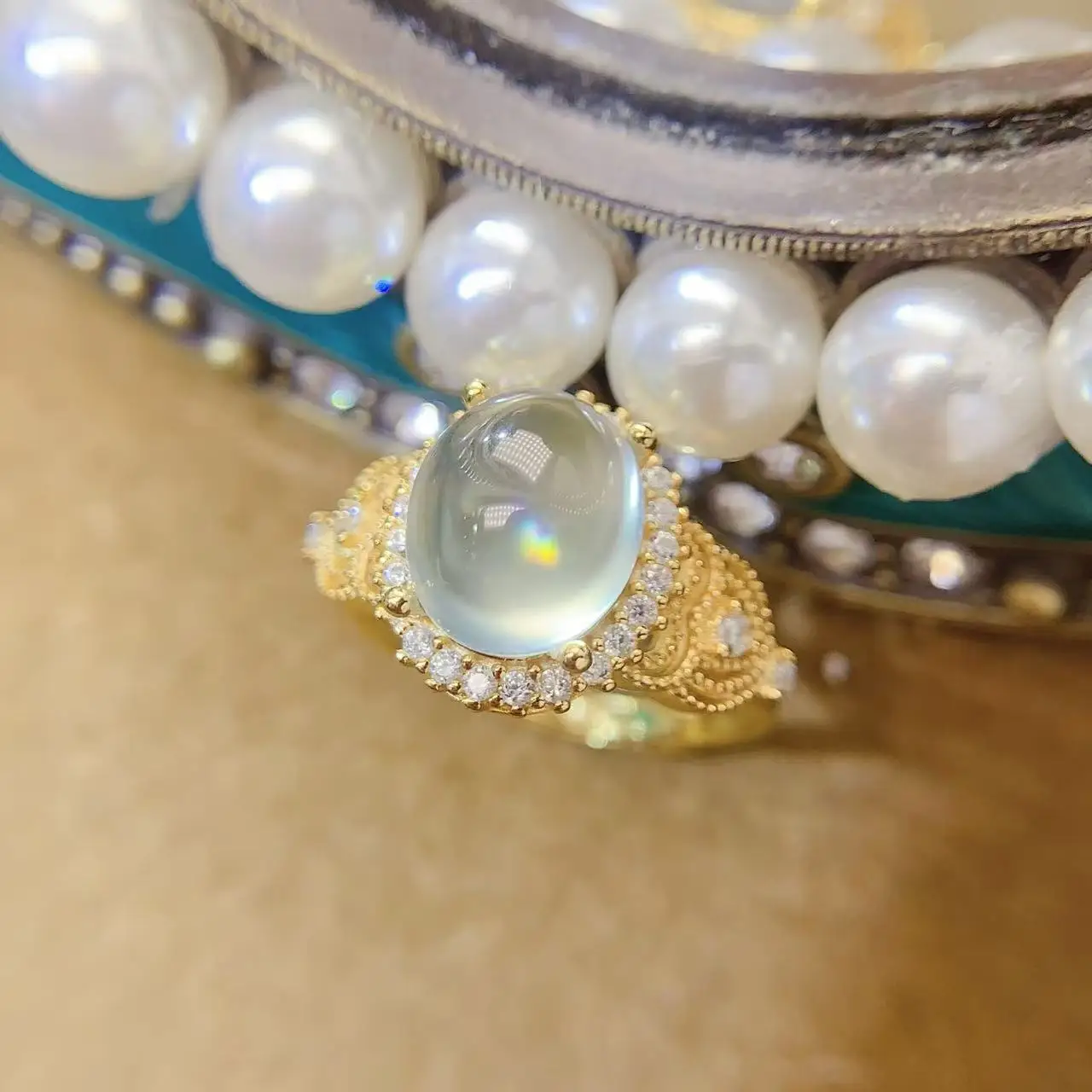 Natural Prehnite Gold Custom Ring - view 3