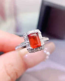 Natural Garnet Rectangular Halo Ring