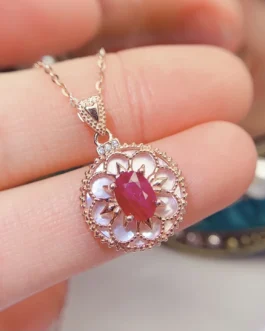 Natural Ruby Halo Pendant Necklace