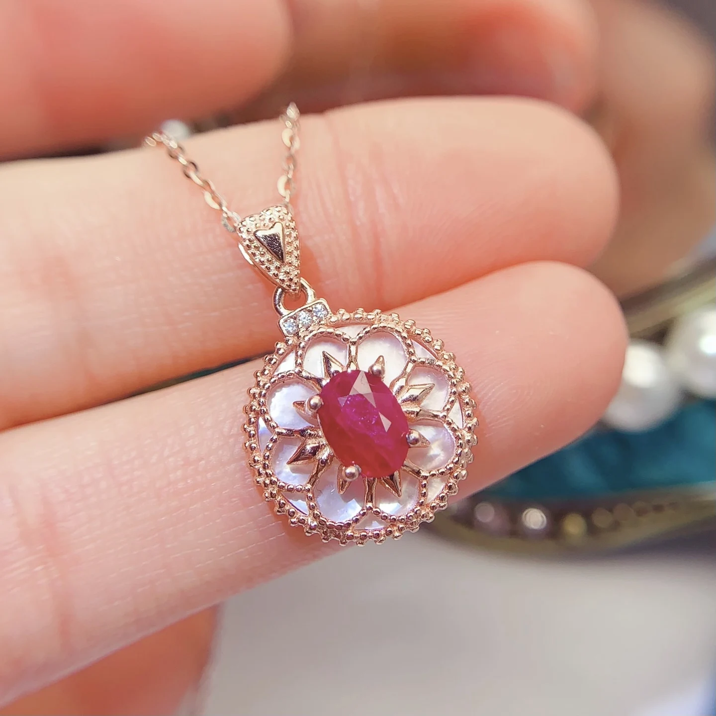 Natural Ruby Halo Pendant Necklace - view 1