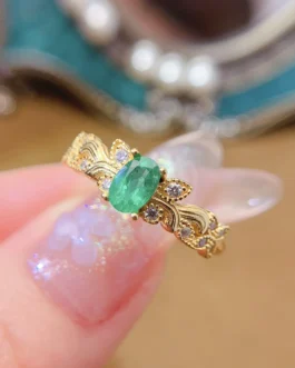 Natural Emerald Filigree Leaf Ring