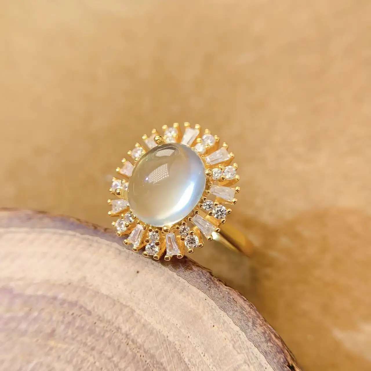 Natural Prehnite Gold Oval Ring - view 1