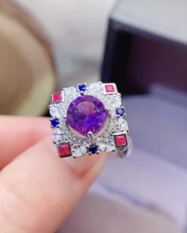 Natural Amethyst Round Halo Ring