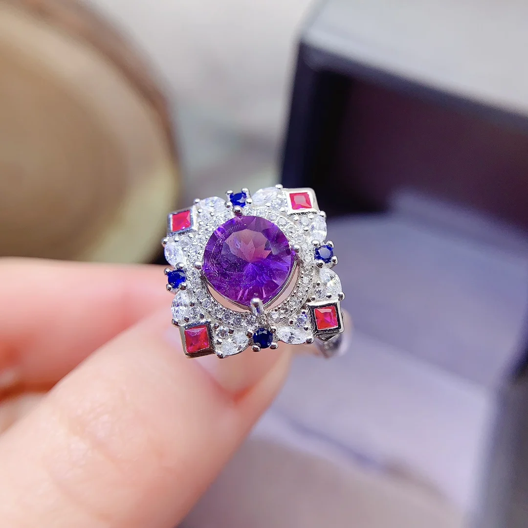 Natural Amethyst Round Halo Ring - view 2
