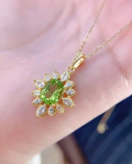 Natural Peridot Sunburst Pendant Necklace