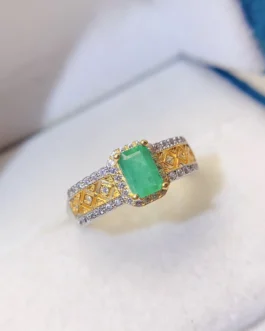 Natural Emerald Two-Tone Halo Ring