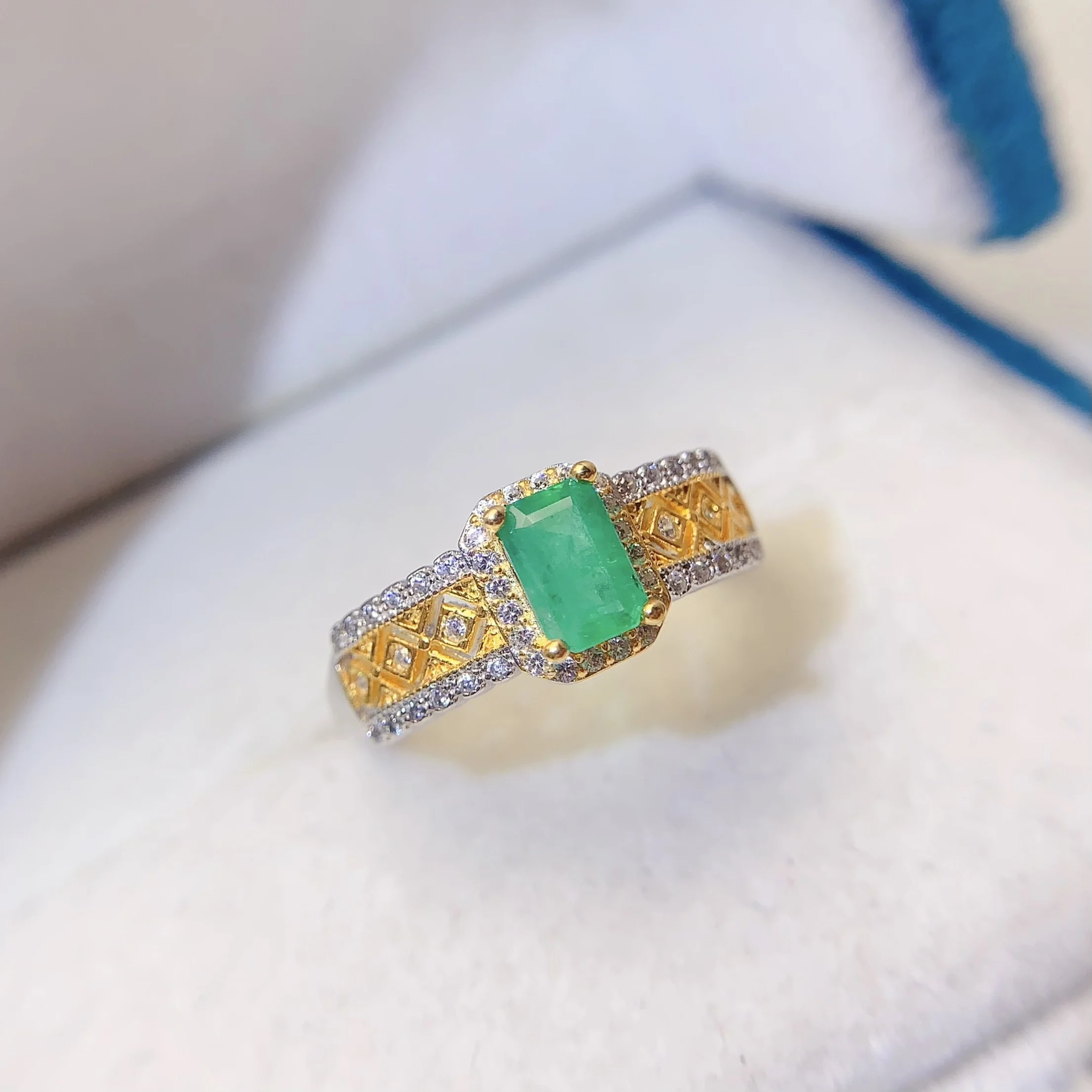 Natural Emerald Two-Tone Halo Ring - view 1