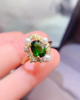 Natural Diopside Gold Halo Ring