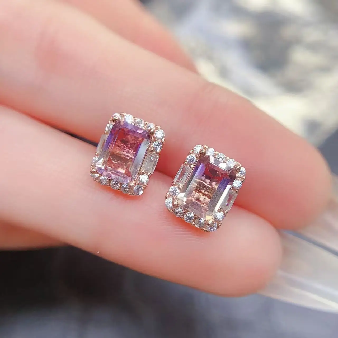 Natural Ametrine Halo Stud Earrings - view 1