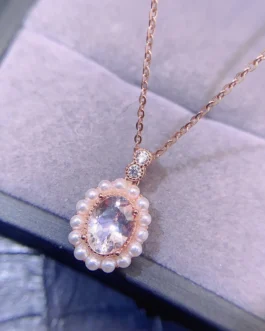 Natural Morganite Pearl Halo Pendant