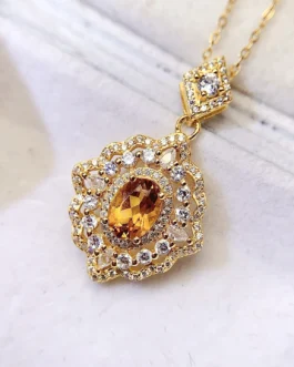 Natural Citrine Vintage Halo Pendant Necklace