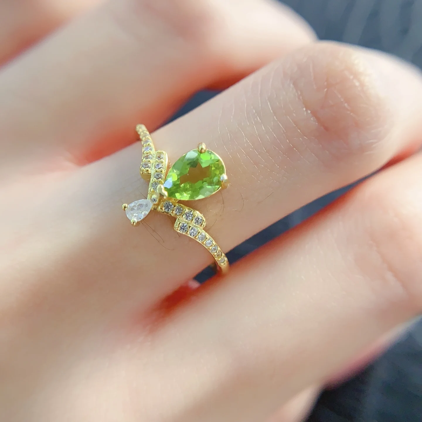 Natural Peridot Pear Bow Ring - view 4