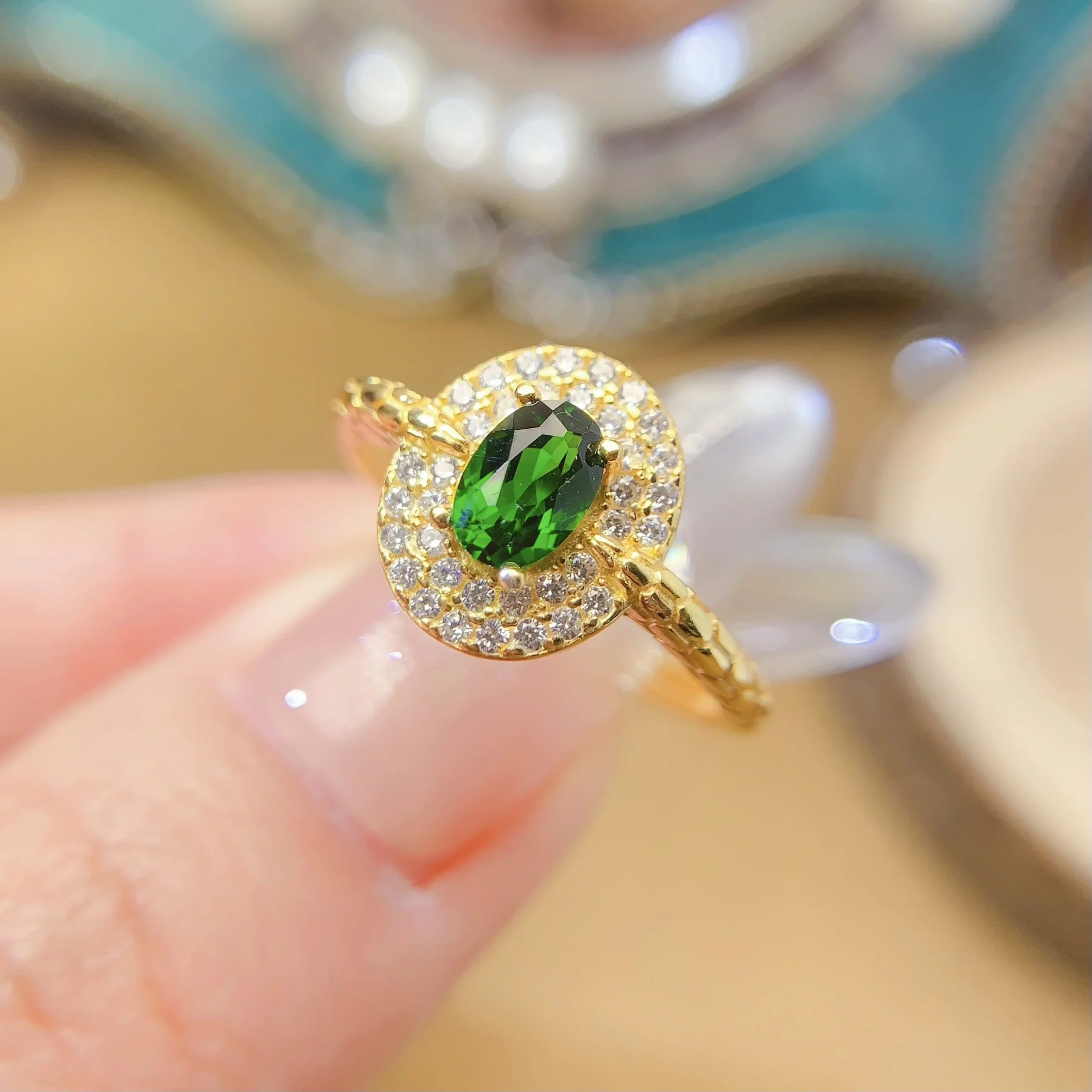 Natural Diopside Fashion Halo Ring - view 1