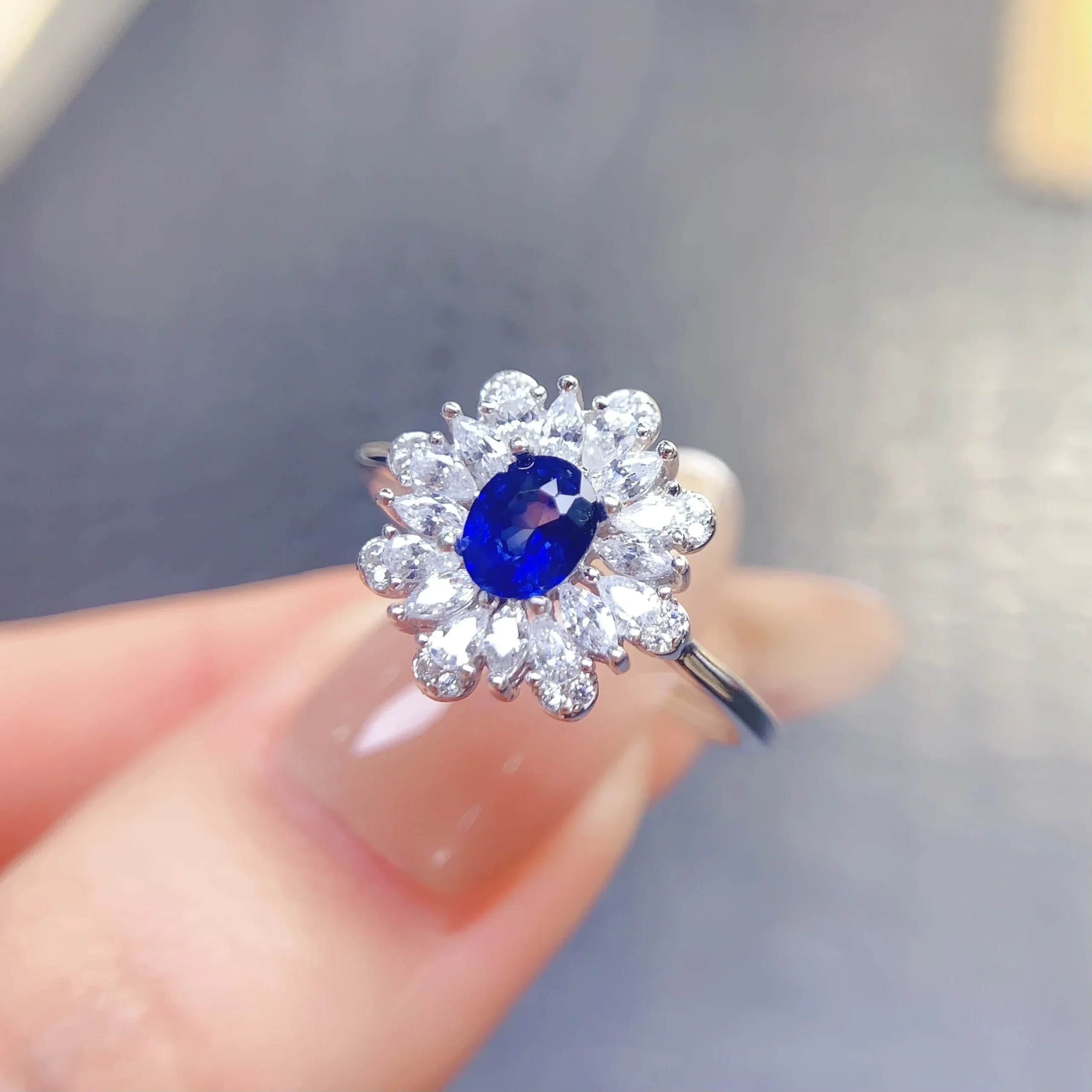 Natural Sapphire Sunburst Halo Ring - view 1