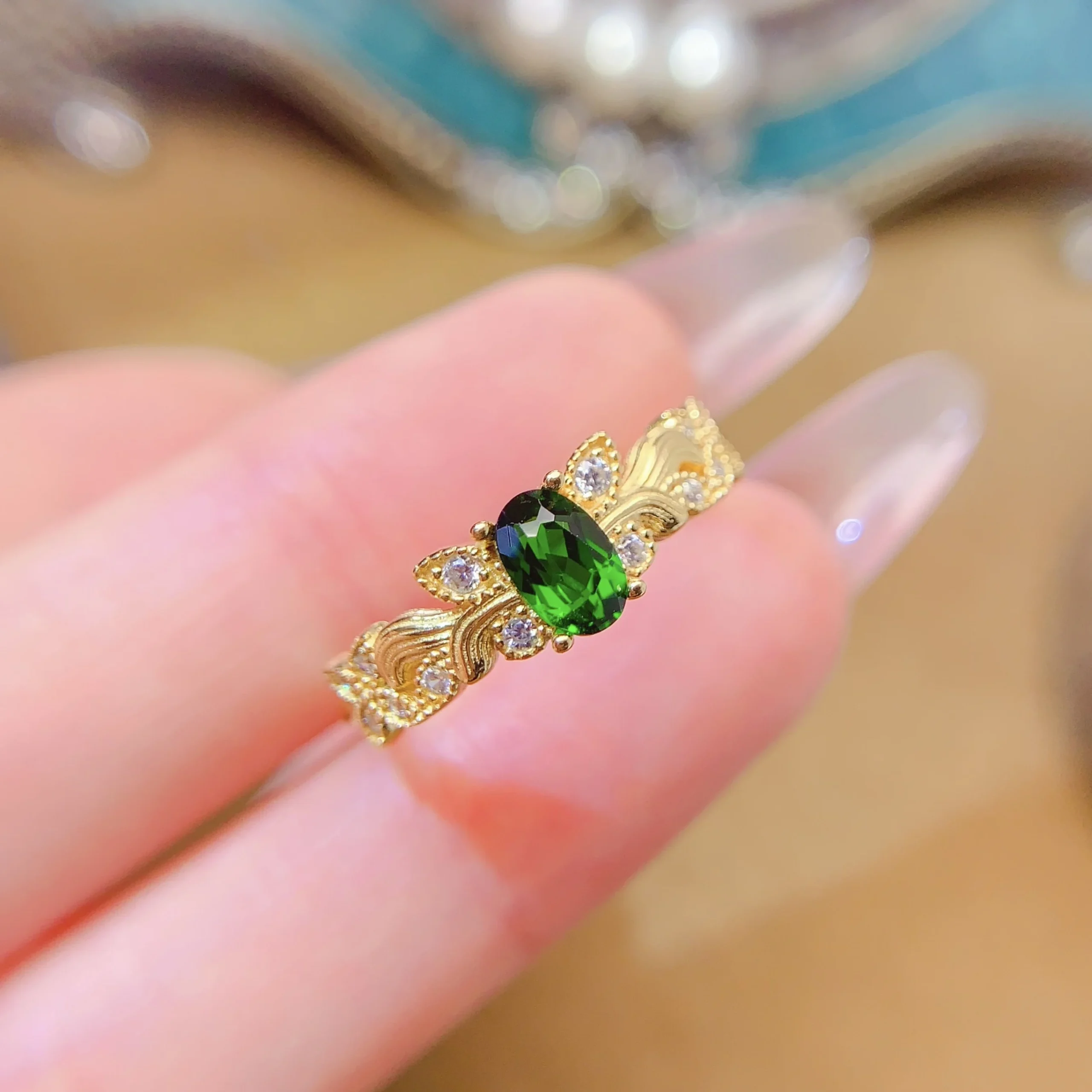 Natural Diopside Slim Halo Ring - view 5