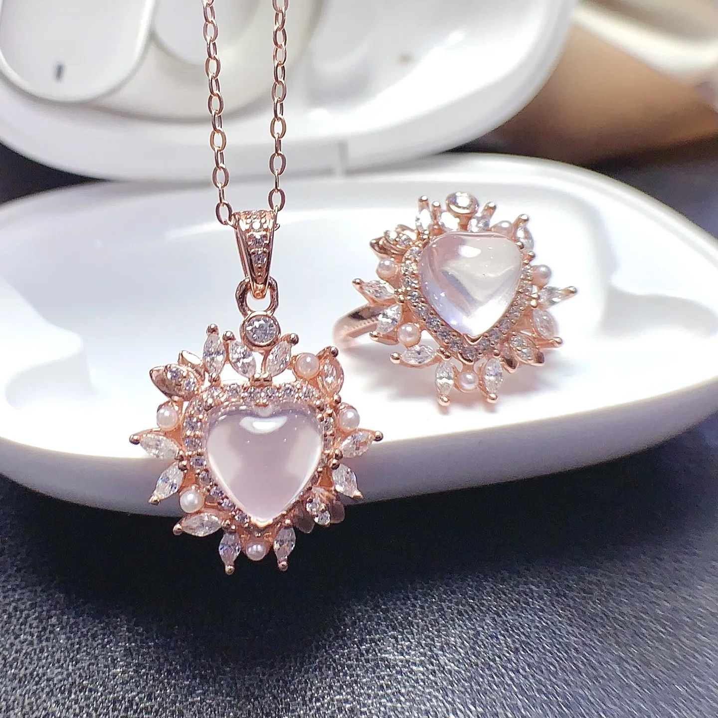 Natural Rose Quartz Heart Jewelry Set - view 1
