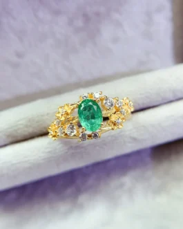 Natural Emerald Floral Halo Ring