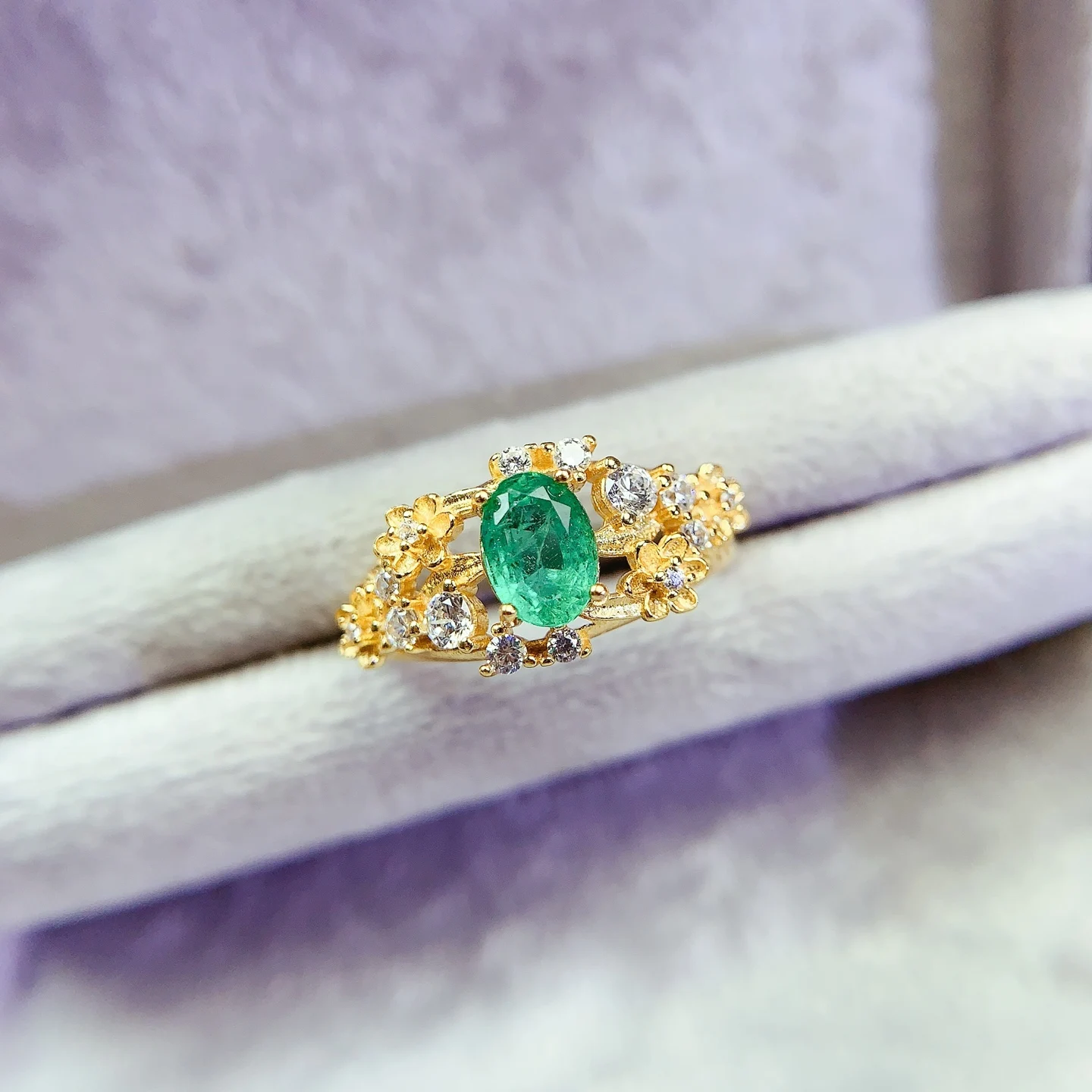 Natural Emerald Floral Halo Ring - view 1