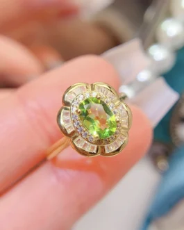 Natural Peridot Flower Halo Ring