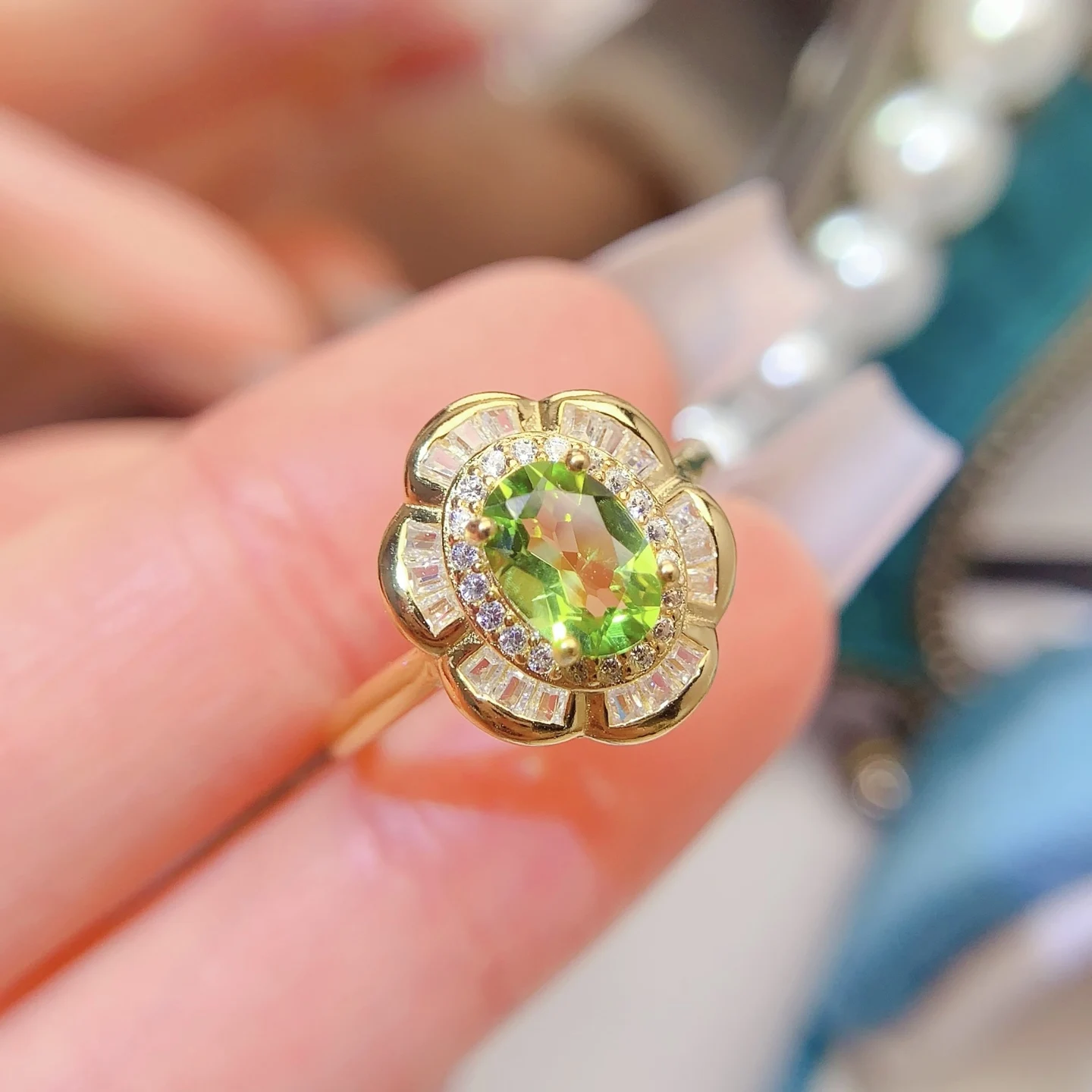 Natural Peridot Flower Halo Ring - view 1