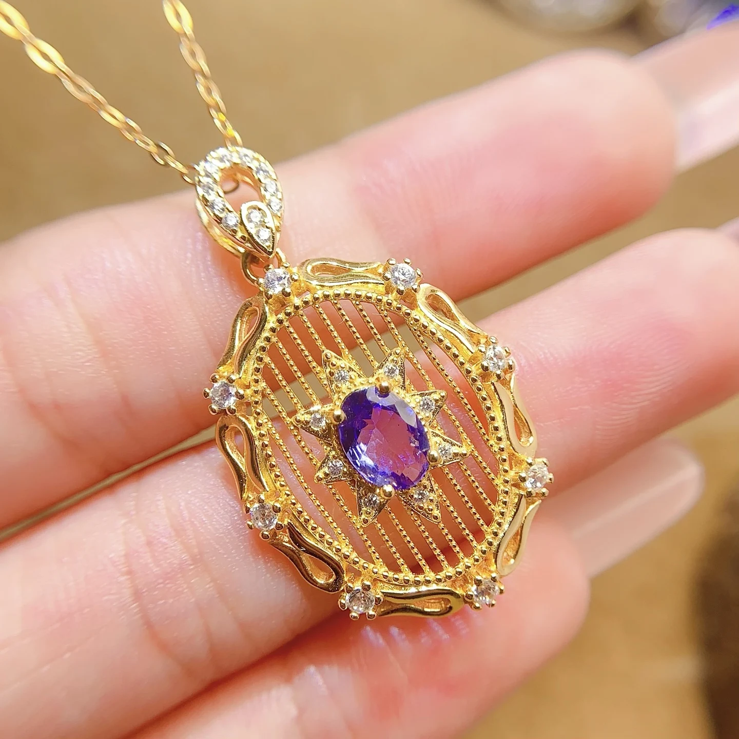 Natural Tanzanite Filigree Pendant Necklace - view 1