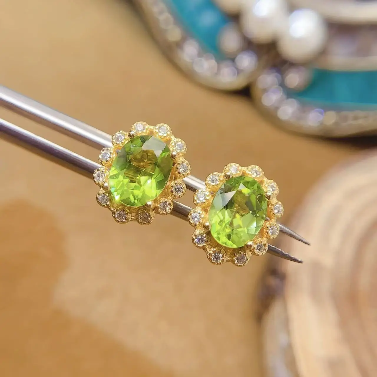Natural Peridot Flower Stud Earrings - view 4