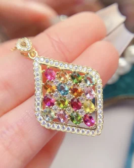 Natural Tourmaline Rhombus Pendant Necklace