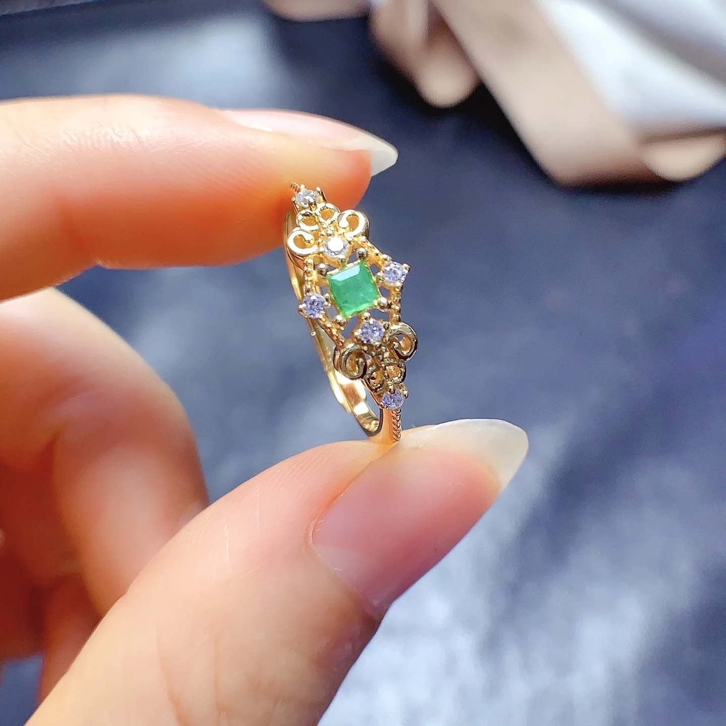 Natural Emerald Filigree Square Ring - view 5