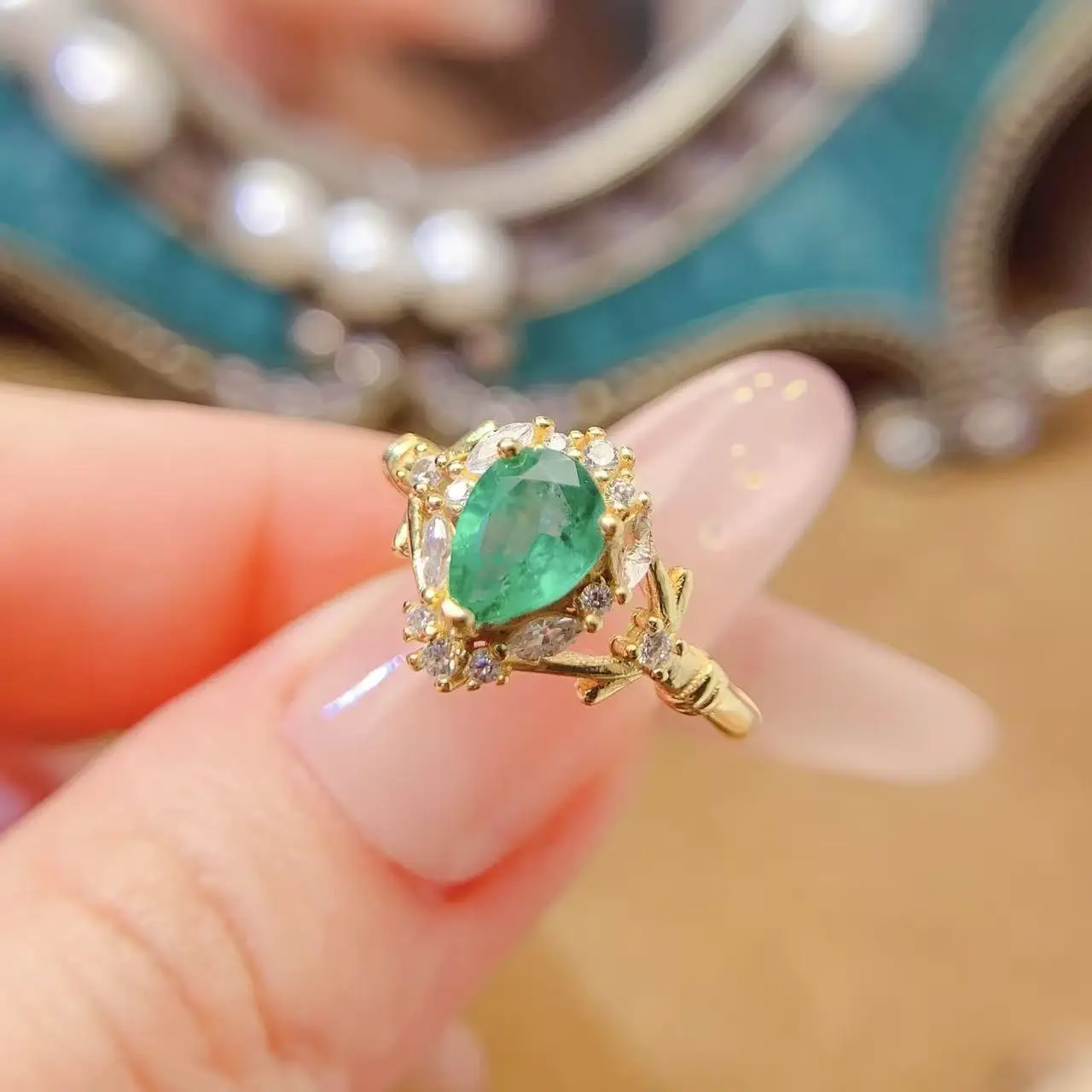 Natural Emerald Pear Halo Ring - view 4