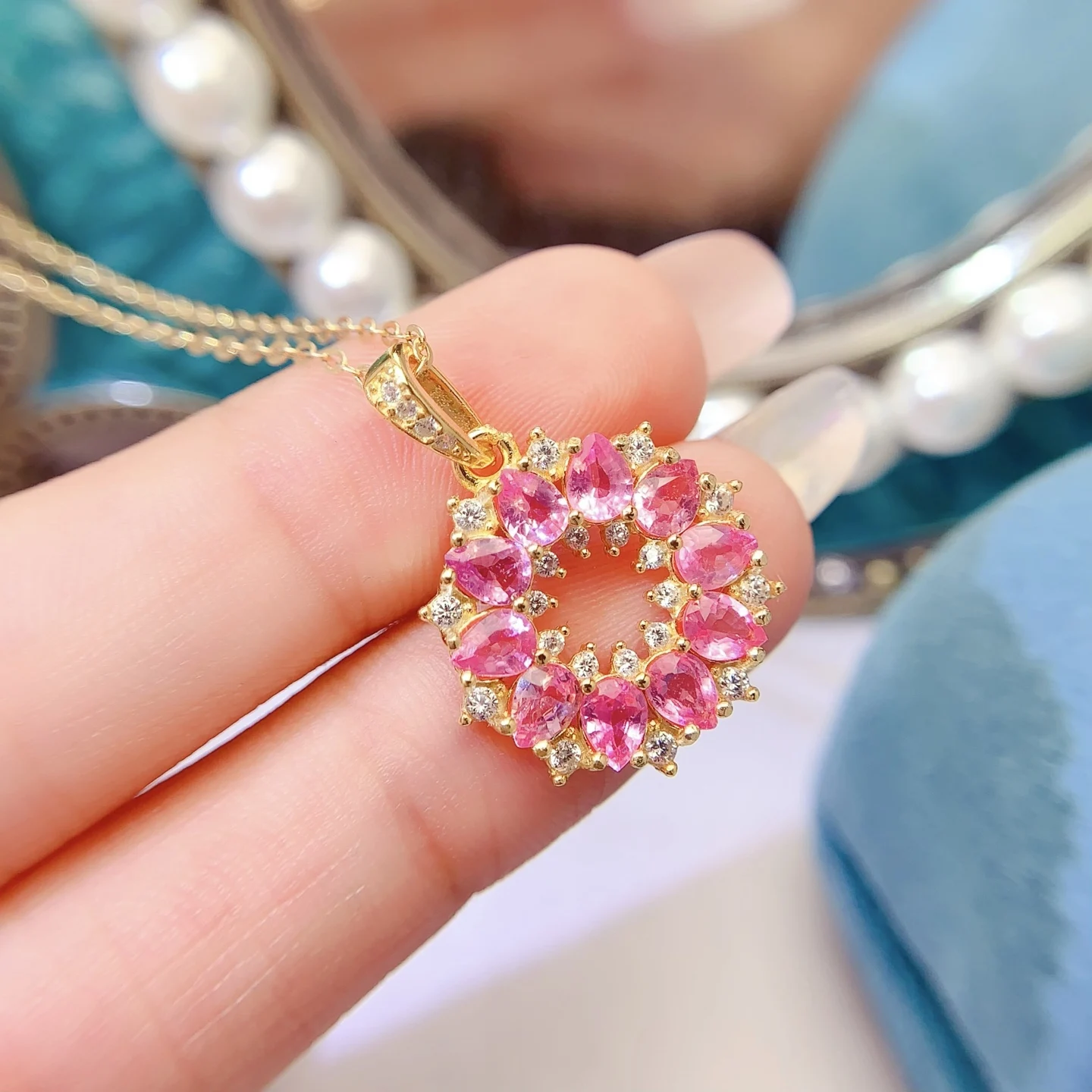 Natural Sapphire Sunburst Pendant Necklace - view 1