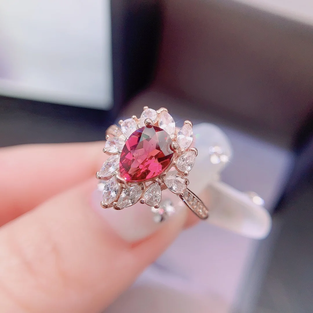 Natural Garnet Pear Halo Ring - view 1