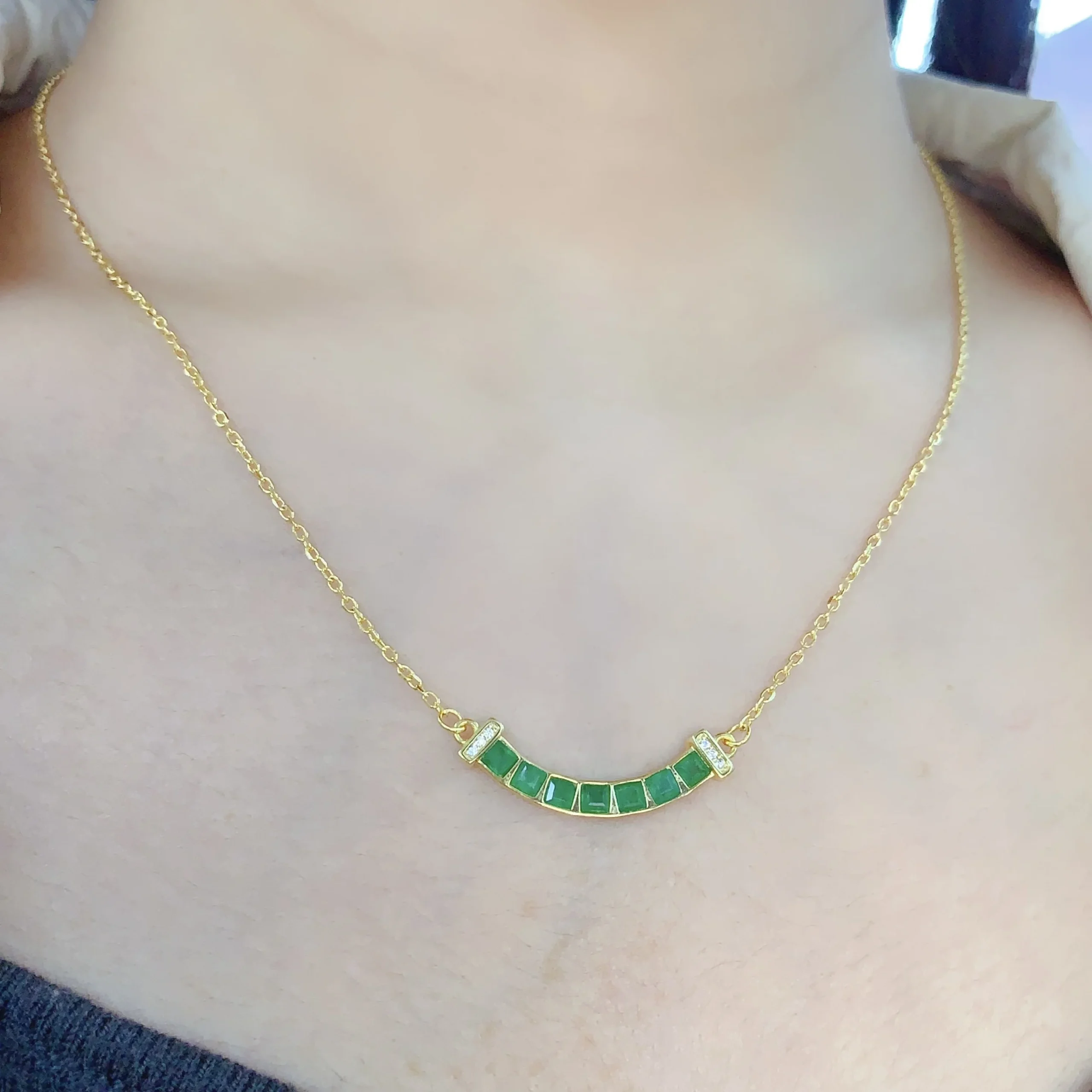 Natural Emerald Bar Pendant Necklace - view 5