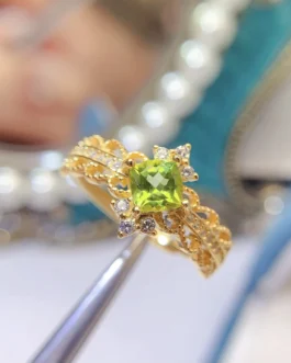 Natural Peridot Asscher Halo Ring