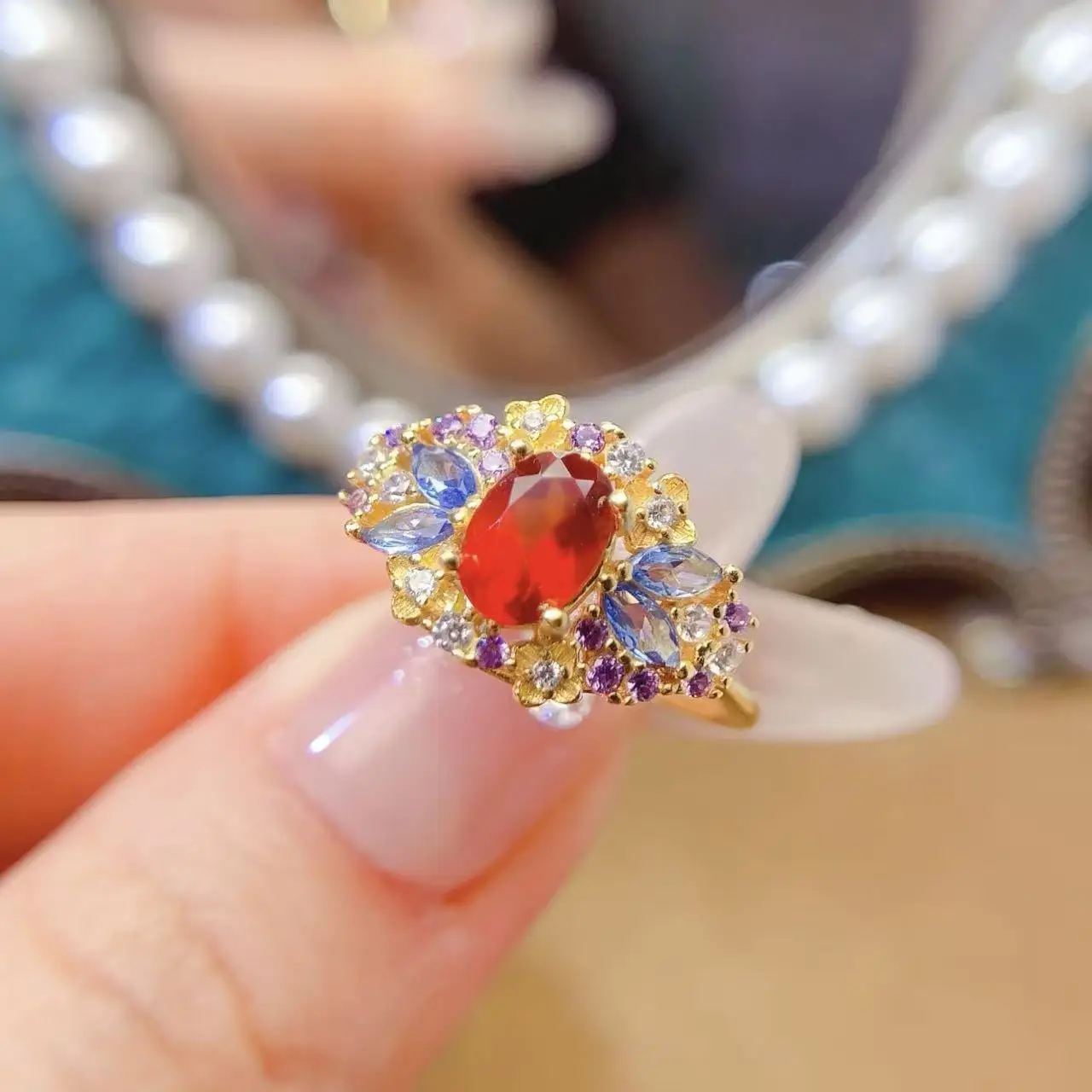 Natural Fanta Garnet Cluster Ring - view 1