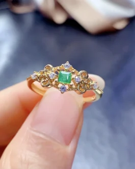 Natural Emerald Filigree Square Ring
