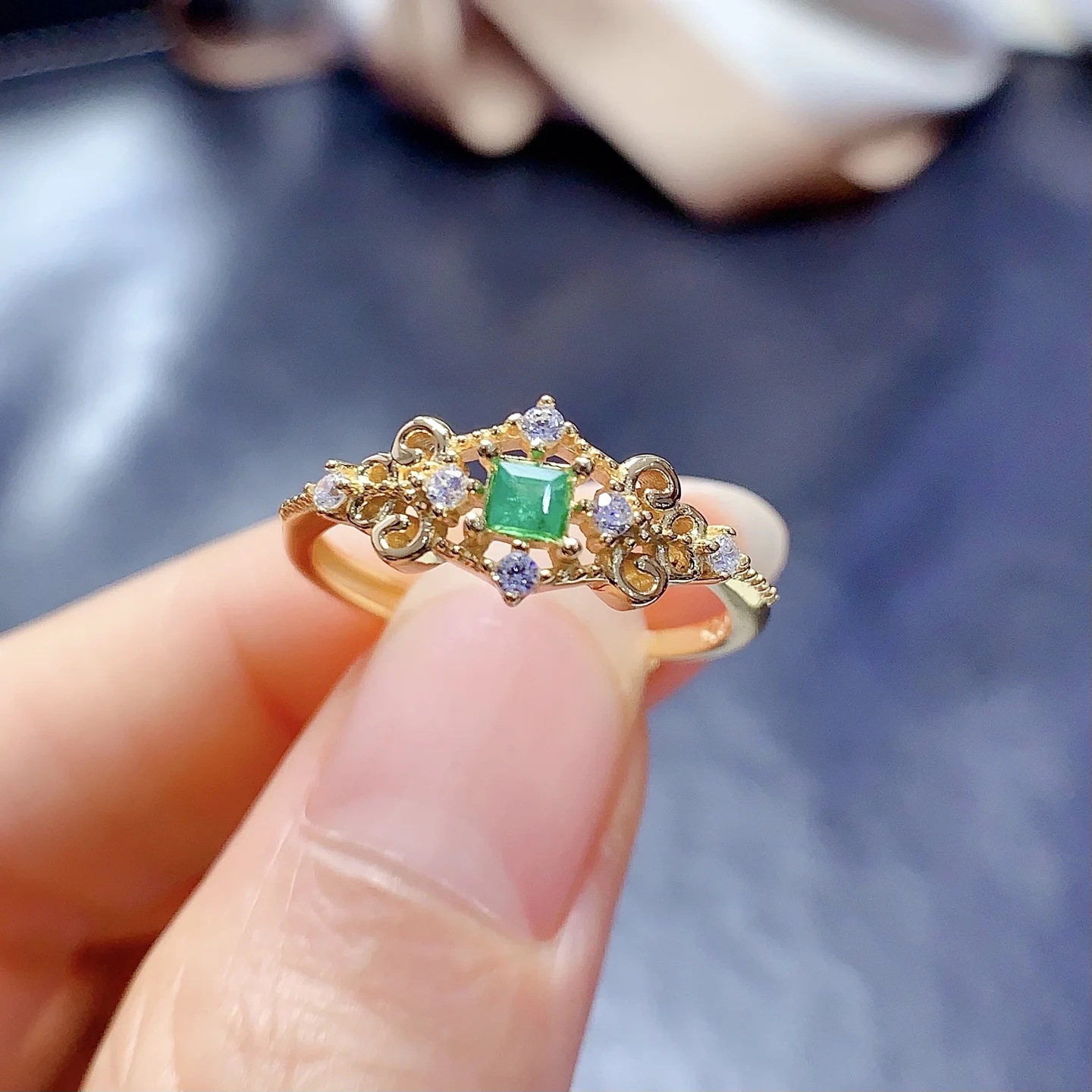 Natural Emerald Filigree Square Ring - view 2