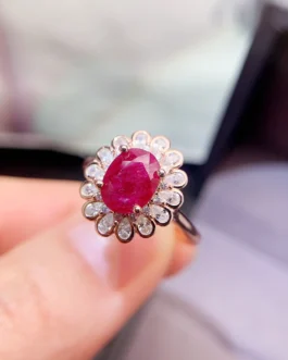 Natural Ruby Flower Halo Ring