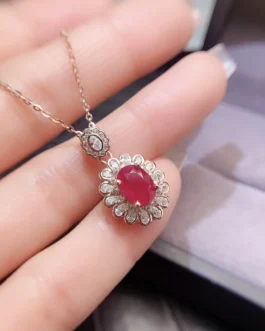 Natural Ruby Oval Halo Pendant