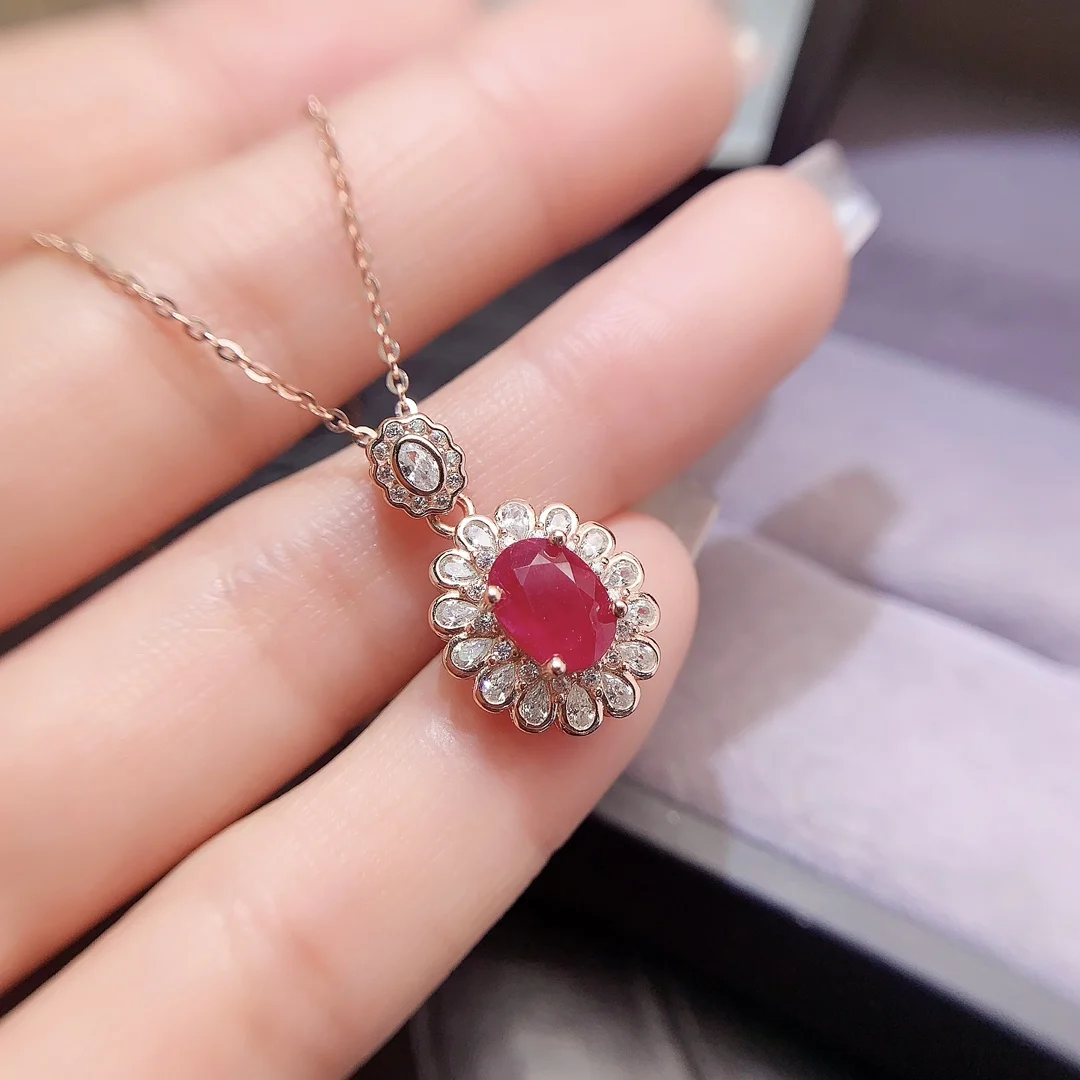 Natural Ruby Oval Halo Pendant - view 1