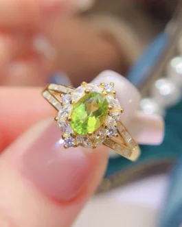 Natural Peridot Gold Halo Ring